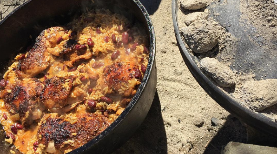 Cooking Outside Jerk Chicken & Rice in Cast Iron Dutch Oven