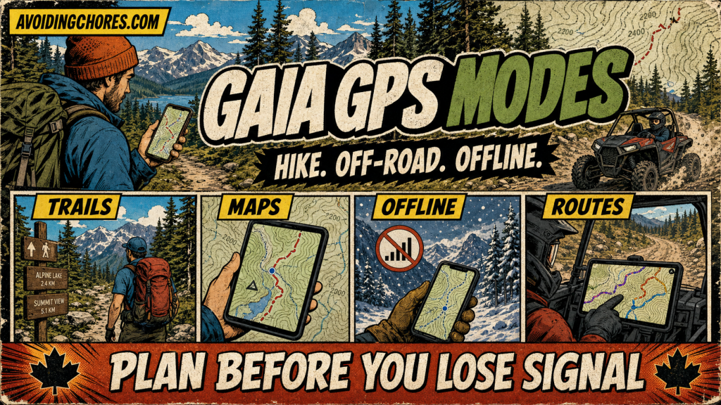 Comic-book style illustration of a hiker and off-road rider using Gaia GPS-style outdoor maps