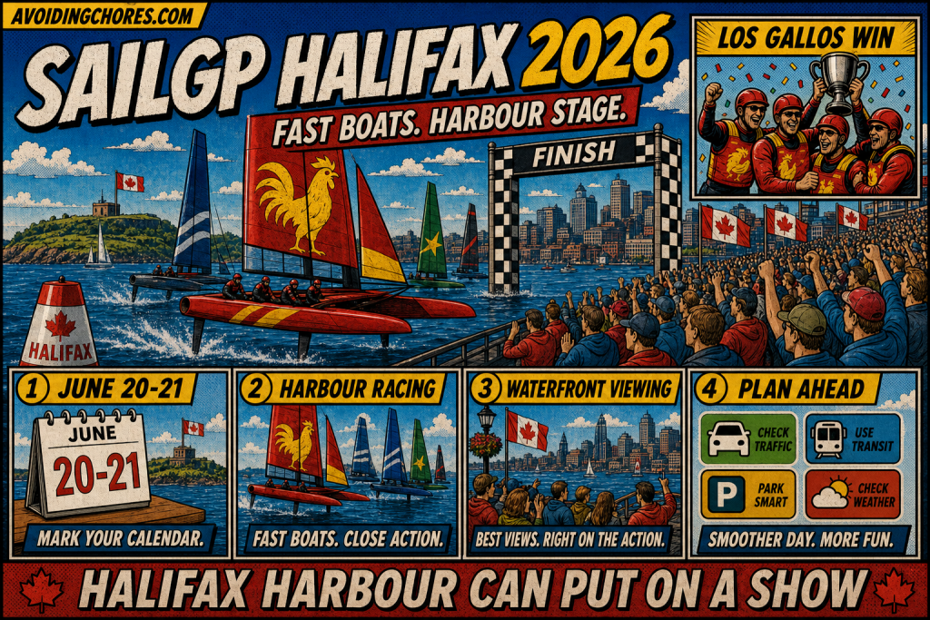 Comic-style SailGP Halifax 2026 infographic showing foiling catamarans racing on Halifax Harbour.