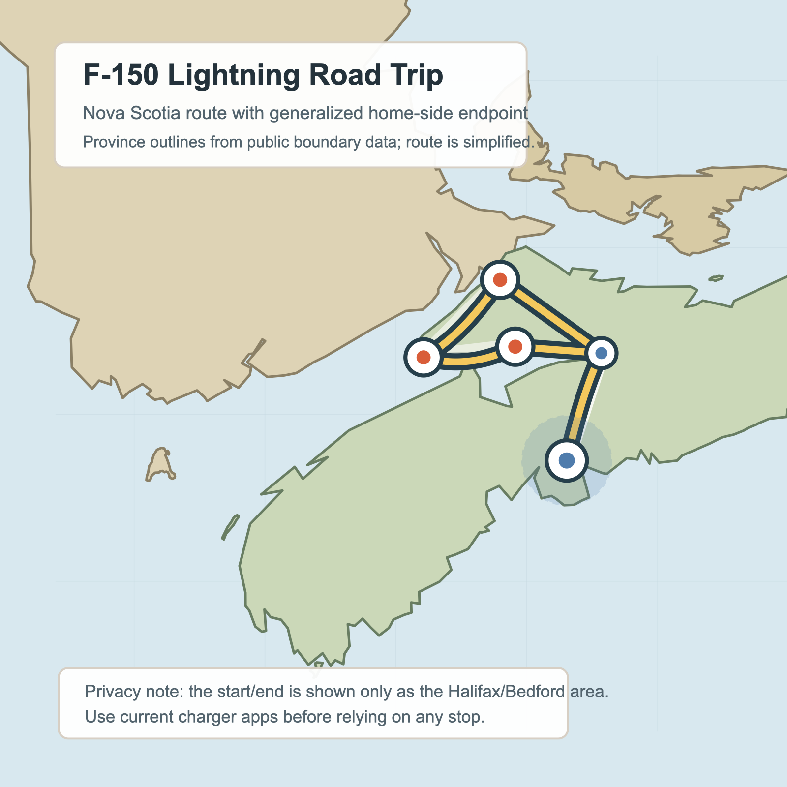Simplified F-150 Lightning road trip route through Nova Scotia