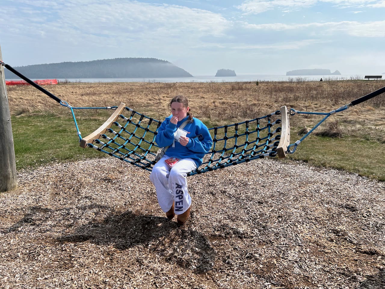 Family stop at Five Islands during a Nova Scotia EV road trip