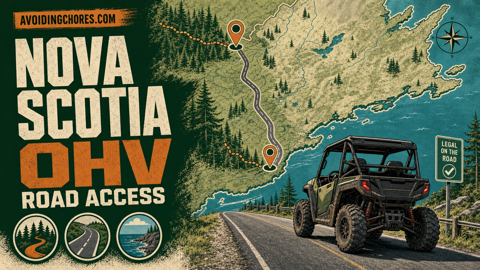Illustrated Nova Scotia OHV road-access map with a side-by-side on a paved connector road.